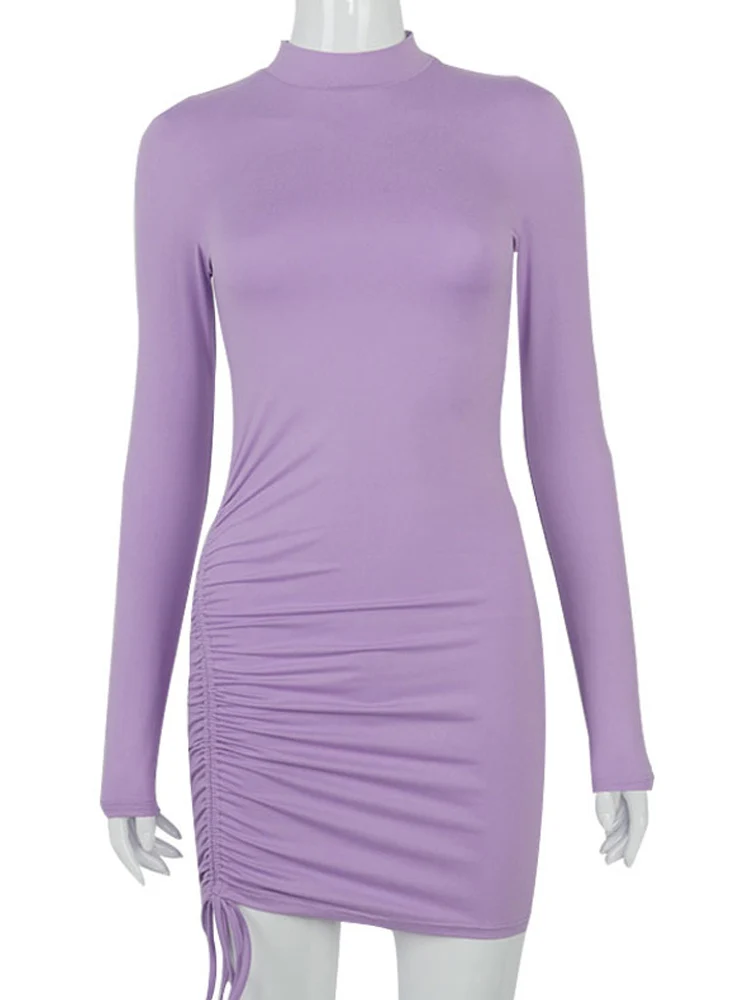 Long Sleeve Ruched Bodycon Dress Women Turtleneck Bandage Mini Dresses Autumn Black Skinny Stretchy Party Vestidos - Image 5