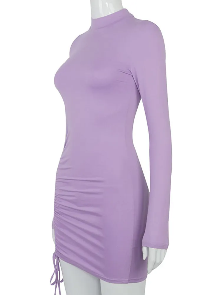Long Sleeve Ruched Bodycon Dress Women Turtleneck Bandage Mini Dresses Autumn Black Skinny Stretchy Party Vestidos - Image 6