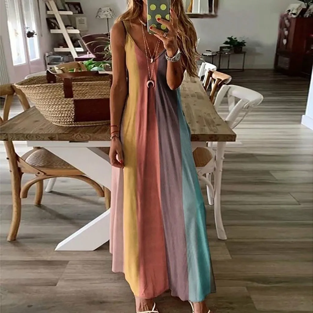 Plus Size Women's Dress Fashion Tie Dye Striped Printed V Neck Halter Dress Casual Sleeveless Beach Long Dress Sundresses - Image 3