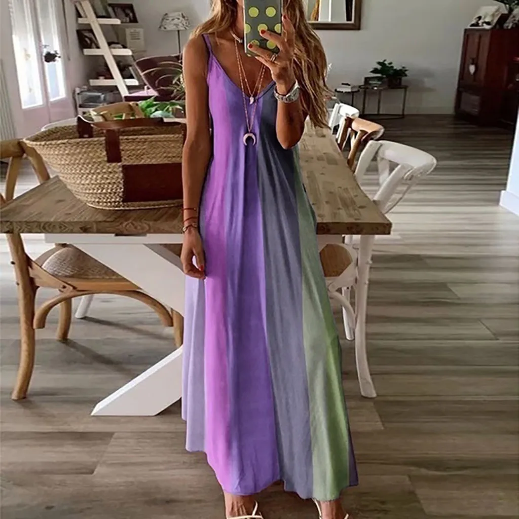 Plus Size Women's Dress Fashion Tie Dye Striped Printed V Neck Halter Dress Casual Sleeveless Beach Long Dress Sundresses - Image 4