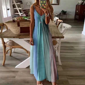 Plus Size Women’s Dress Fashion Tie Dye Striped Printed V Neck Halter Dress Casual Sleeveless Beach Long Dress Sundresses