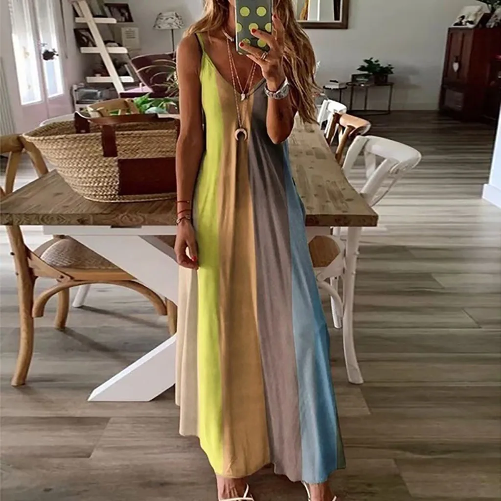 Plus Size Women's Dress Fashion Tie Dye Striped Printed V Neck Halter Dress Casual Sleeveless Beach Long Dress Sundresses - Image 5