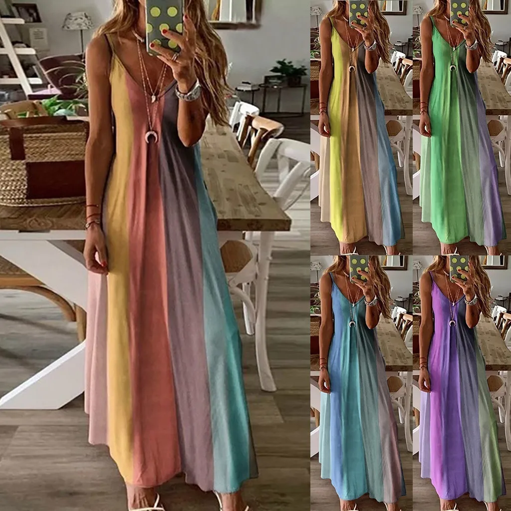 Plus Size Women's Dress Fashion Tie Dye Striped Printed V Neck Halter Dress Casual Sleeveless Beach Long Dress Sundresses - Image 6