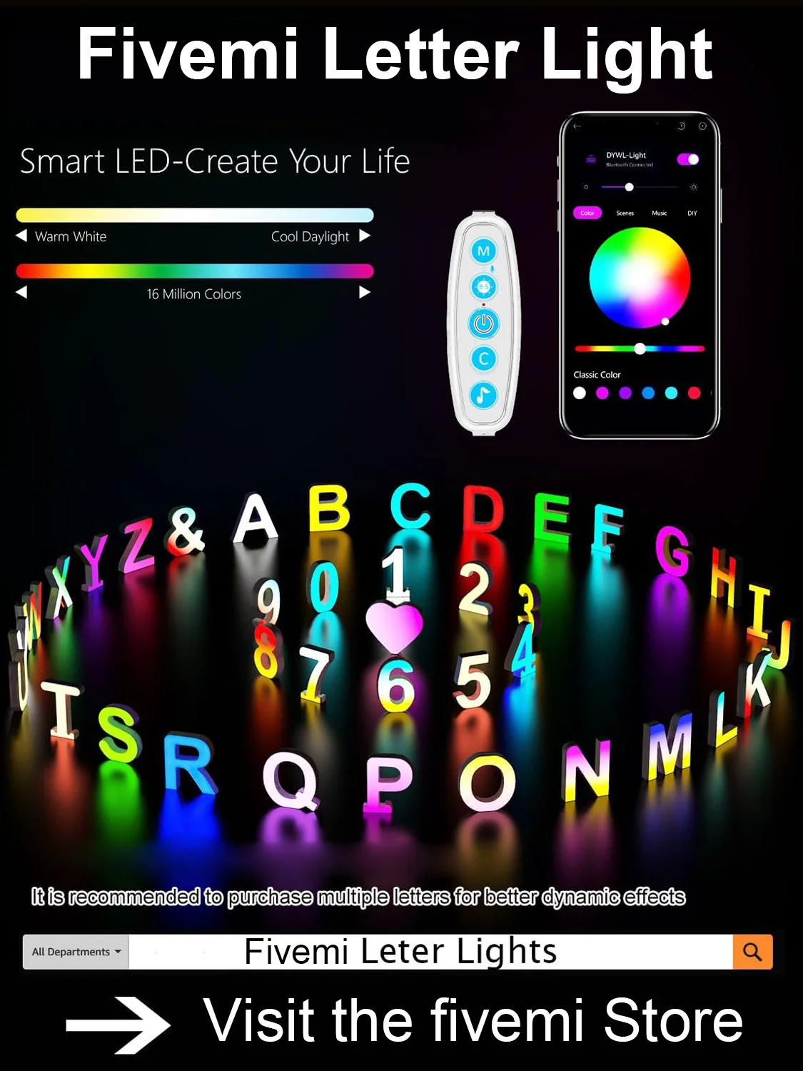 Letters Night Light Smart APP with 128 Scenes DIY Music Sync Gift Stick Wall for Home Living Room Bedroom Decor Lights Letter D - Image 3